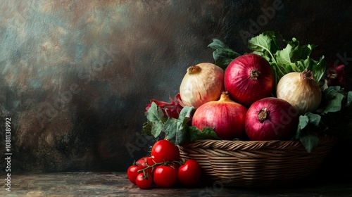 Rustic Basket of Vegetables with Onions and Tomatoes