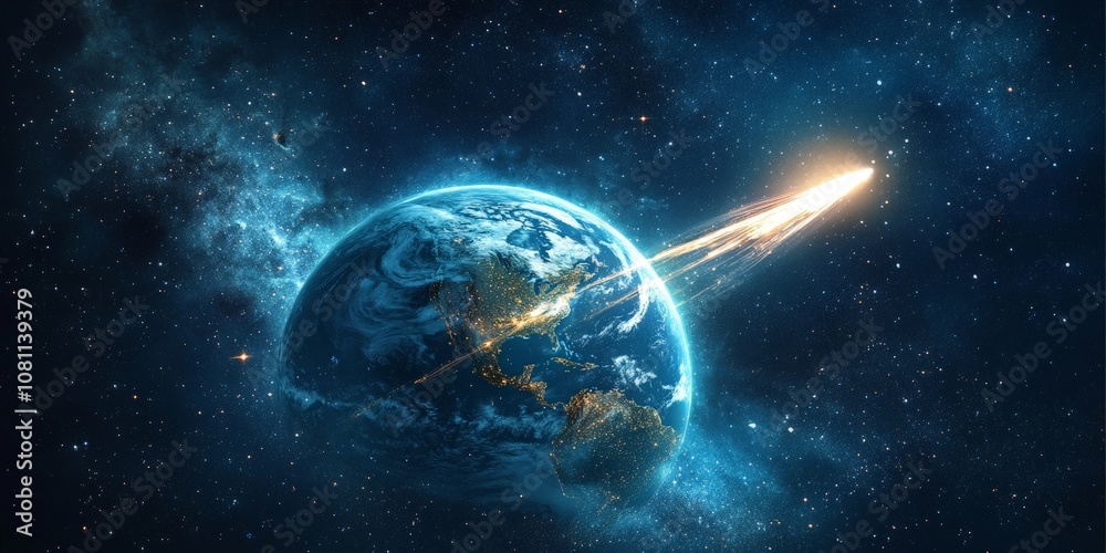 Comet passing planet Earth in outer space, cosmic scene for sci-fi visuals Comet passing planet Earth in outer space, cosmic scene for sci-fi visuals