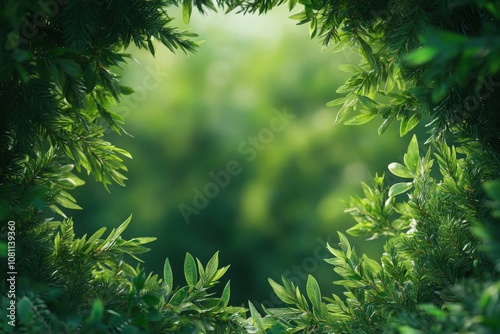 Lush green fir tree branches framing a serene natural landscape