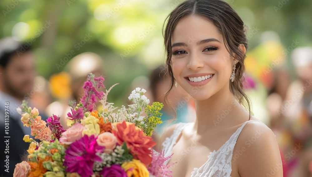 A smiling woman holds a vibrant bouquet at a joyful outdoor event. A smiling woman holds a vibrant bouquet at a joyful outdoor event.