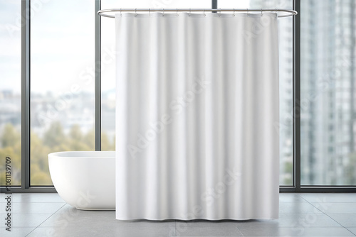White shower curtain mockup with a toilet in a minimalistic bathroom setting.