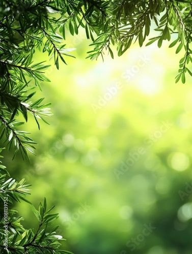 Lush fir tree branches framing a serene green background in nature