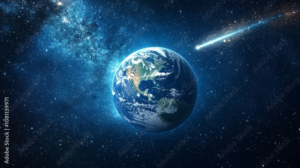 Comet passing planet Earth in outer space, cosmic scene for sci-fi visuals Comet passing planet Earth in outer space, cosmic scene for sci-fi visuals