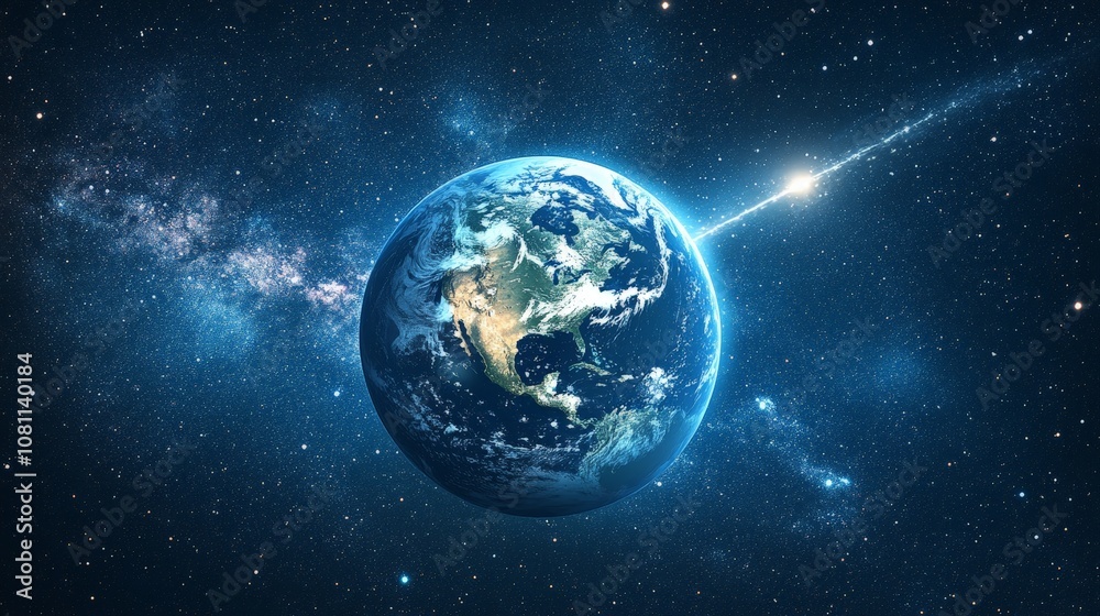 Comet passing planet Earth in outer space, cosmic scene for sci-fi visuals Comet passing planet Earth in outer space, cosmic scene for sci-fi visuals
