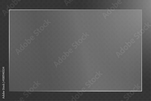 Artificial transparent background with highlights. The texture of rectangle glass plate. Transparent glass with white frame.  Beautiful realistic reflection. 