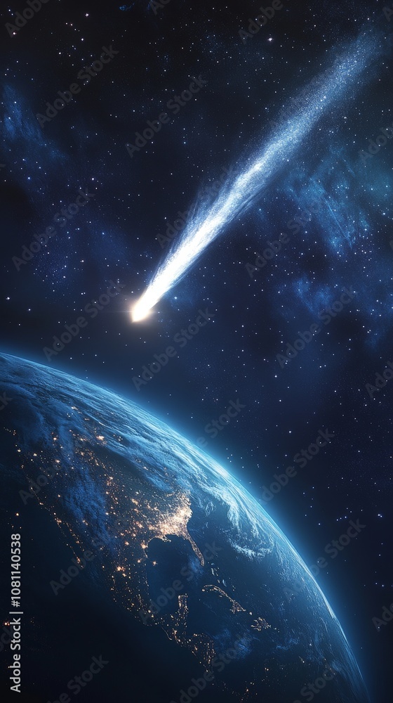 Fototapeta premium Comet passing planet Earth in outer space, cosmic scene for sci-fi visuals