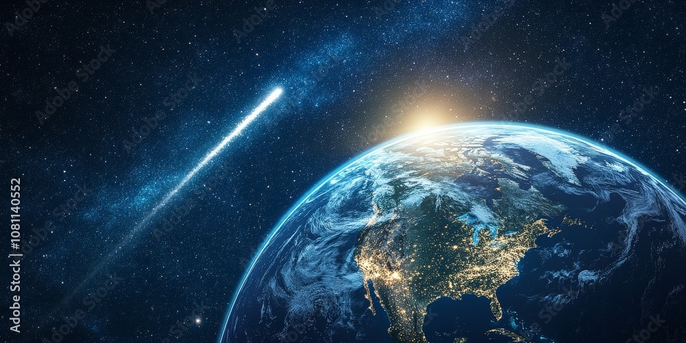 Obraz premium Comet passing planet Earth in outer space, cosmic scene for sci-fi visuals