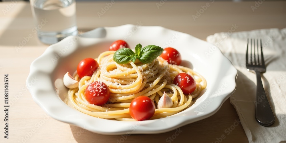 Fresh Pasta with Tomatoes and Basil Garnish Fresh Pasta with Tomatoes and Basil Garnish