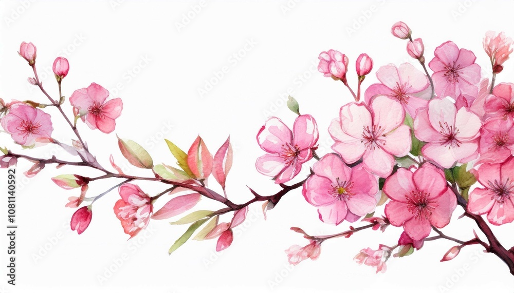 Naklejka premium watercolor delicate blooming pink flowers branch on white background with empty space for natural design and illustration