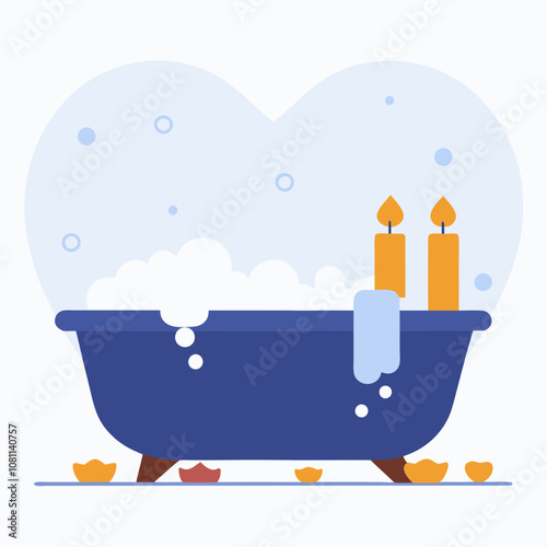 A bathtub with candles and bubbles in the water. The bathtub is blue and has a heart shape