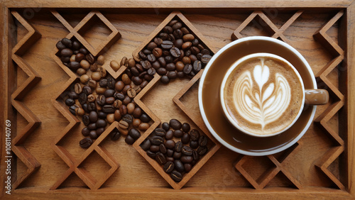 Latte with Heart Art in Earth-Toned Cup on Geometric Wooden Tray Decorated with Coffee Beans