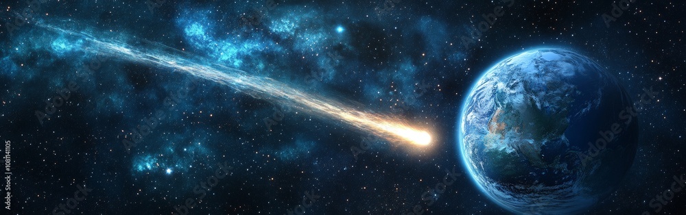 Obraz premium Comet passing planet Earth in outer space, cosmic scene for sci-fi visuals