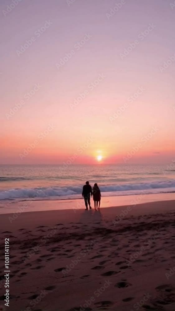 A couple walking on a beach at sunset A couple walking on a beach at sunset