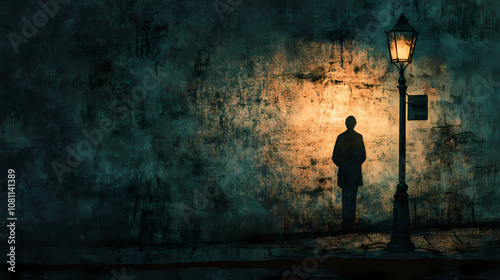 A lone figure's shadow stretches long against a wall, bathed in the eerie glow of a streetlight at night. an enigma unfolds in the darkness. Enigma. Illustration photo