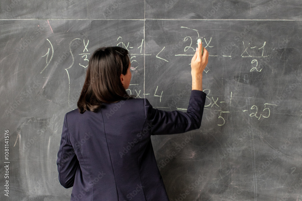 A female teacher of Asian descent writes algebra equations on a chalkboard, symbolizing education and knowledge during Teacher Appreciation Week A female teacher of Asian descent writes algebra equations on a chalkboard, symbolizing education and knowledge during Teacher Appreciation Week