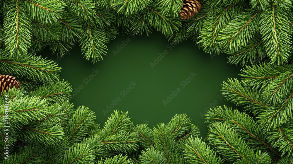 Lush fir tree branches frame a tranquil green background Lush fir tree branches frame a tranquil green background
