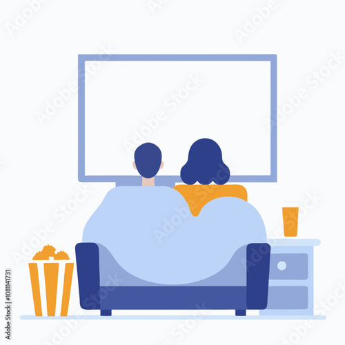 A man and woman are sitting on a couch in front of a television. The man is holding a cup and the woman is holding a bowl. Scene is relaxed and comfortable