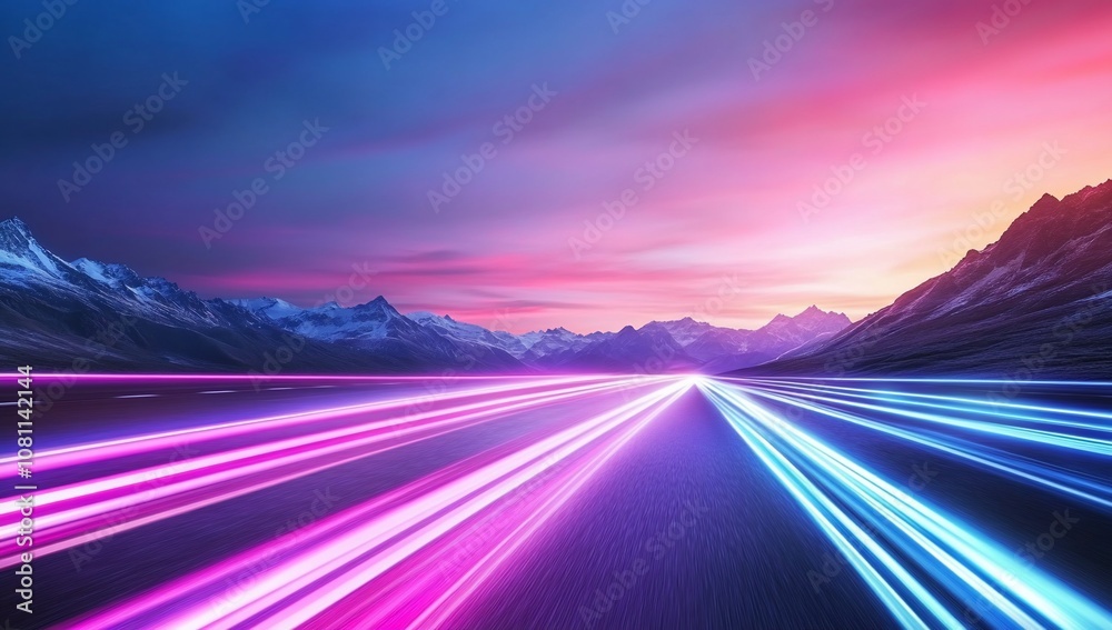 A vibrant landscape with colorful light trails and mountains at sunset. A vibrant landscape with colorful light trails and mountains at sunset.