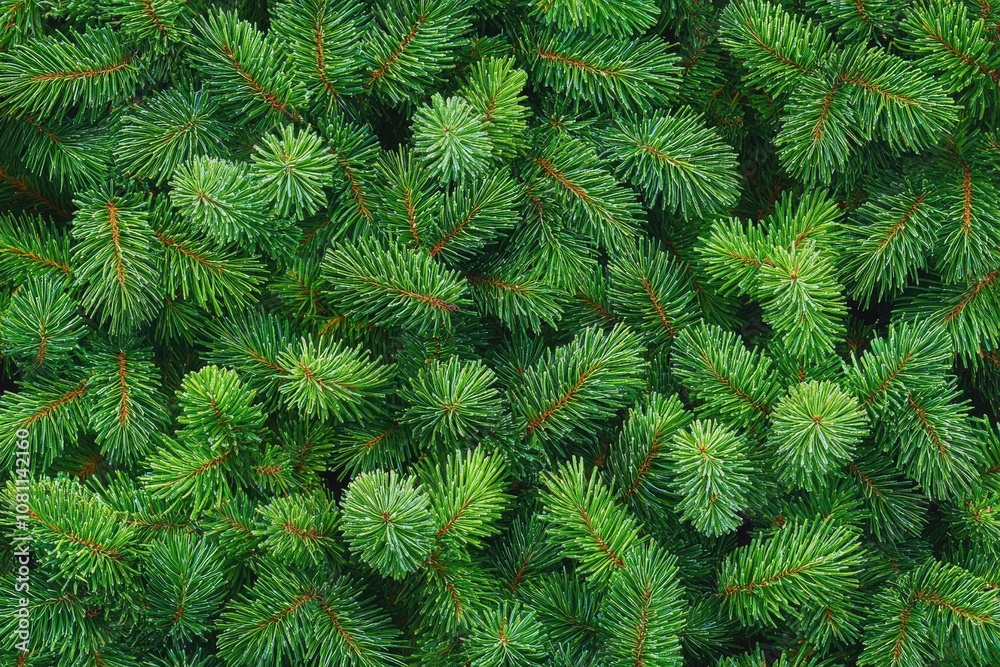Lush green fir tree branches create a serene outdoor backdrop in spring