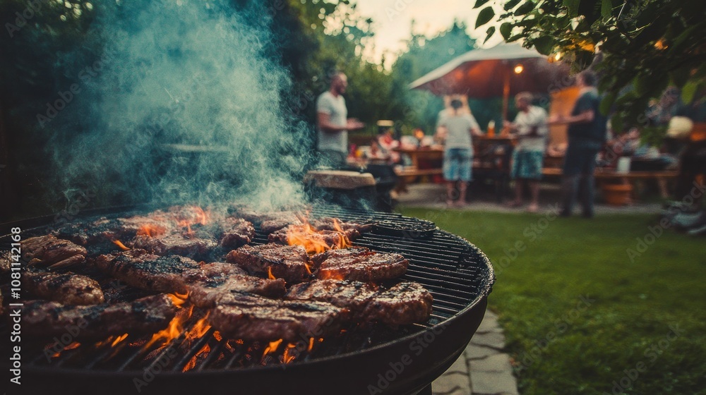 Close-up of Juicy Steaks Grilling Over Flames with Smoke in the Background