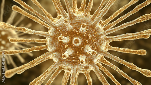 A magnified image of a virus with protein filaments radiating from a central core