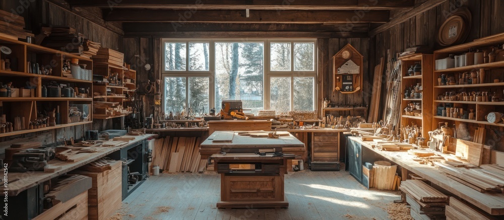 An organized woodworking shop with various tools and materials on shelves, workbenches, and the floor. An organized woodworking shop with various tools and materials on shelves, workbenches, and the floor.