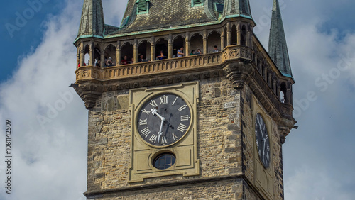 Photography Old Town Hall tower of Prague timelapse hyperlapse with Astronomical Clock Orloj close up view, Czech Republic