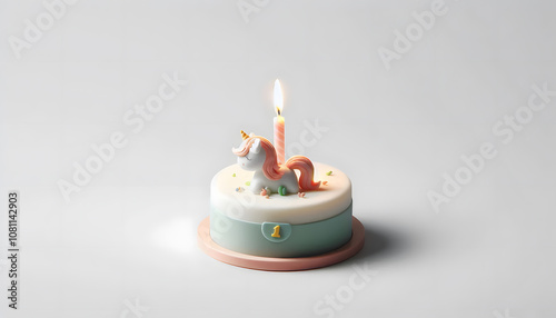 Pastel de cumpleaños con unicornio, en fondo gris