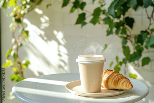 Café com croissant em mesa externa com luz natural e plantas ao fundo, ambiente aconchegante e tranquilo, criado por IA generativa. photo