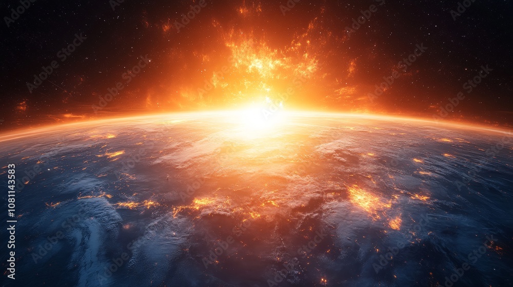 Fototapeta premium Comet passing planet Earth in outer space, cosmic scene for sci-fi visuals