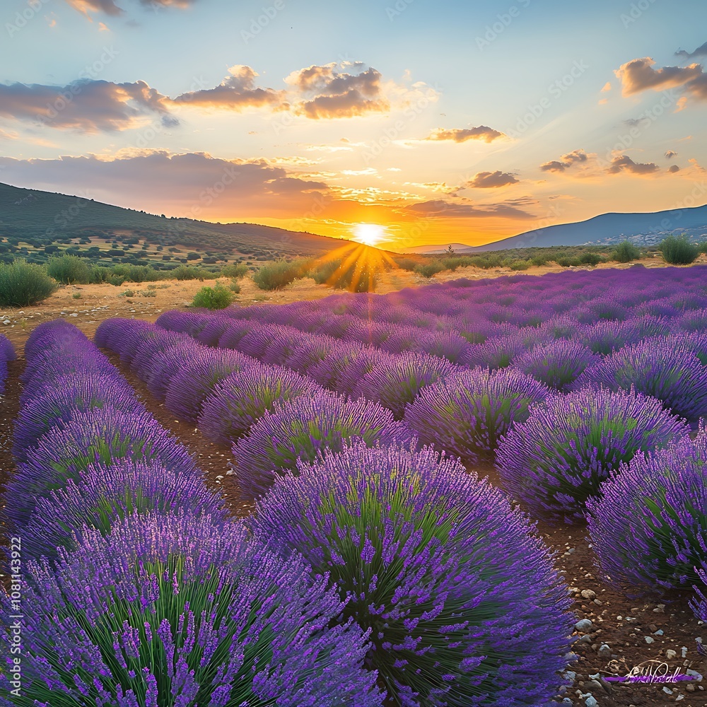 Obraz premium Lavender field sunset with vibrant colors and serene landscape charm.