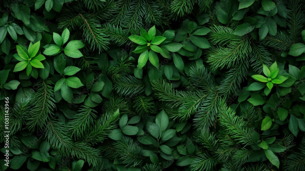 Fototapeta premium Lush fir tree branches complemented by vibrant green leaves in nature