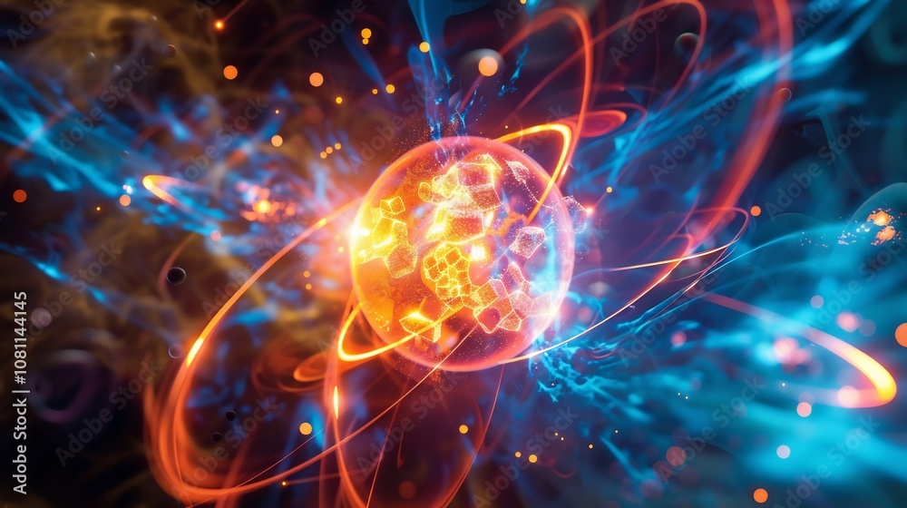 Detailed image of electrons forming an electron cloud around a nucleus Detailed image of electrons forming an electron cloud around a nucleus