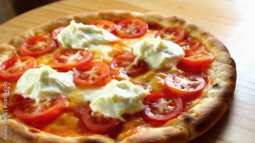 Overhead Shot of Pizza with Golden Crust and Fresh Tomatoes on a Rustic Table Overhead Shot of Pizza with Golden Crust and Fresh Tomatoes on a Rustic Table