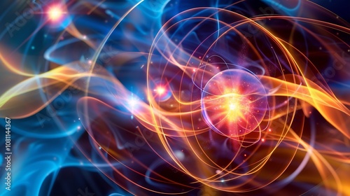 Detailed image of electrons forming an electron cloud around a nucleus illustrating the principles of quantum mechanics and atomic structure