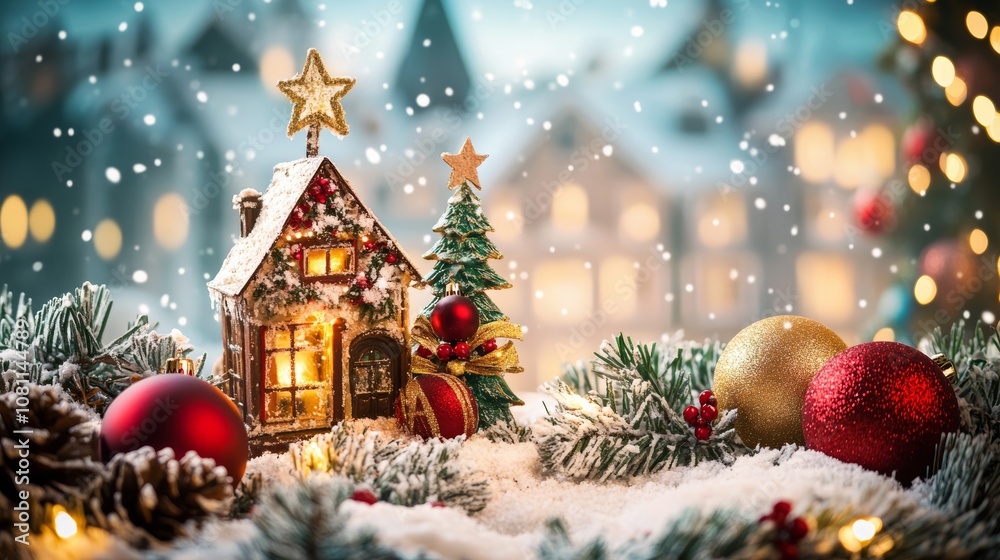 Cozy small house adorned with a festive Christmas tree and sparkling decorations. Cozy small house adorned with a festive Christmas tree and sparkling decorations.