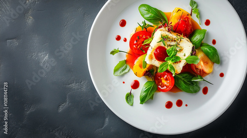 Gourmet Plated Dish with Fresh Herbs and Vibrant Sauces