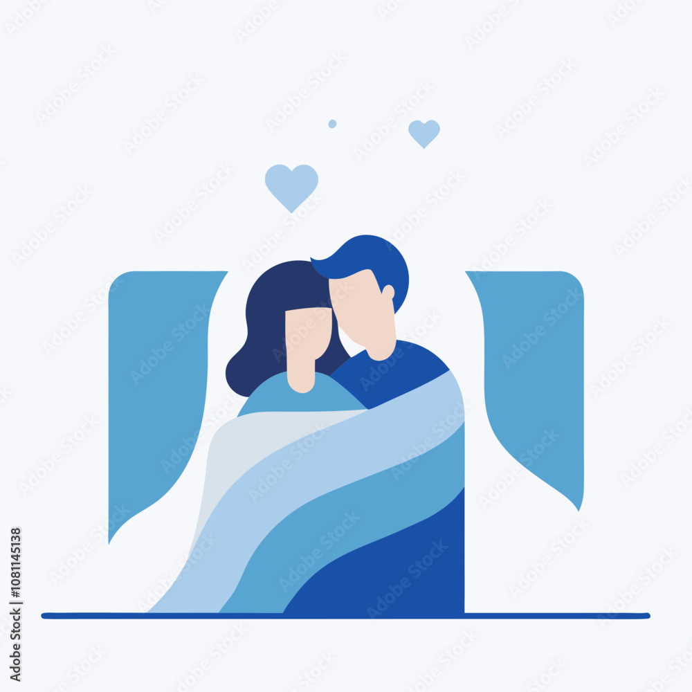 Fototapeta premium A couple is hugging each other in bed. The man is wearing a blue shirt and the woman is wearing a blue shirt. The bed is covered in a blue blanket
