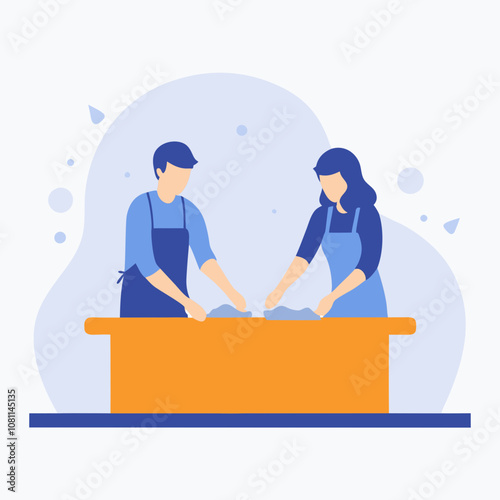 A man and a woman are working together in a kitchen. The man is wearing an apron and the woman is wearing an apron and apron. They are both focused on their task, which appears to be cooking or baking