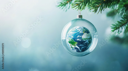 Fototapeta Naklejka Na Ścianę i Meble -  Beautiful glass Christmas bauble featuring planet Earth hanging from a fir tree. Generative AI