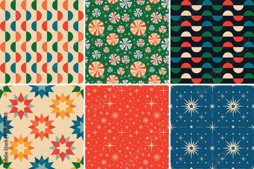 Vintage retro Christmas seamless backgrounds in the style of the 60s and 70s. Vector illustration