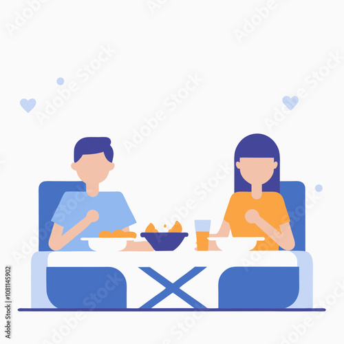 A man and a woman are sitting at a table eating. The man is eating a bowl of food and the woman is eating a plate of food. They are both drinking from cups. Scene is casual and relaxed