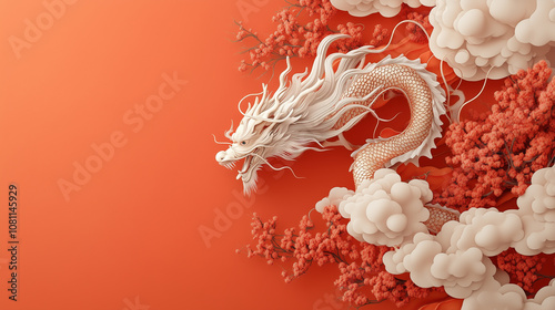 A striking digital illustration of a golden dragon coiled among delicate red blossoms and soft clouds, set against a vivid orange background symbolizing Chinese New Year prosperity. photo