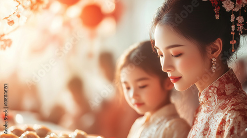 A serene mother and daughter in elegant traditional dresses share a quiet moment together during a festive Chinese New Year gathering, surrounded by warm light and cultural decorations. photo