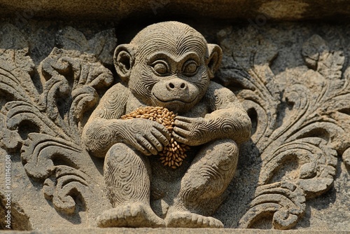 Sculpture of a monkey holding a jackfruit on the pillar of an old temple in Shravanabelagola photo