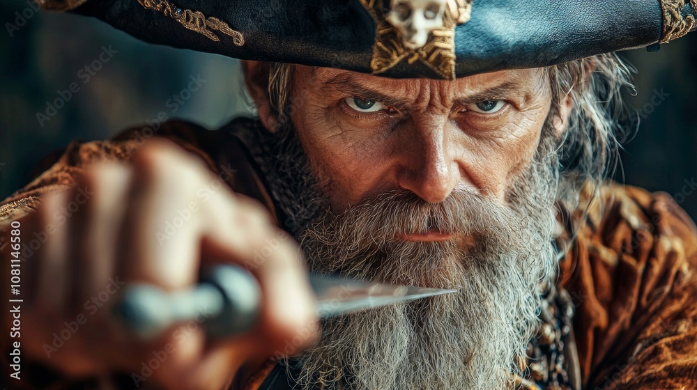 Fototapeta premium Portrait of fierce pirate with knife and intense gaze