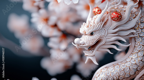 A refined dragon sculpture adorned with gold accents and festive red ornaments, gracefully set among soft cherry blossoms, symbolizing prosperity and elegance in Chinese tradition. photo