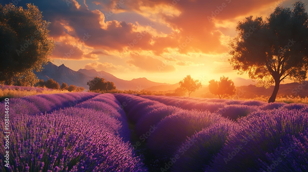 Fototapeta premium Lavender garden landscape bathed in sunset hues, peaceful and serene.