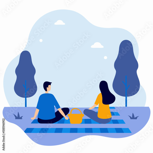 A man and woman are sitting on a blanket in a park. The man is wearing a blue shirt and the woman is wearing an orange shirt. They are both looking at the camera