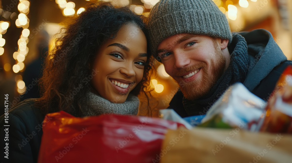 Smiling couple enjoying winter shopping experience for holiday cheer Smiling couple enjoying winter shopping experience for holiday cheer